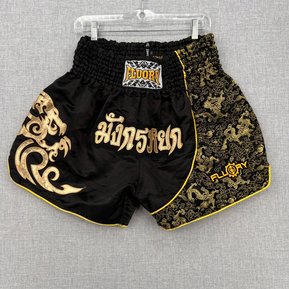Fluory Muay Thai Shorts Men 2XL Black Gold Dragon Kickboxing Boxing Training